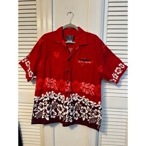 Basix Hawaiian Shirt Mens Large Red Floral Hibiscus Button Down Short Sleeves